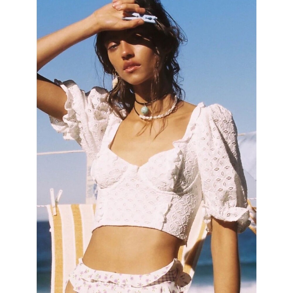 For Love and Lemons Sand Dollar Lace-up Top White Eyelet Puff Sleeve Crop Small
